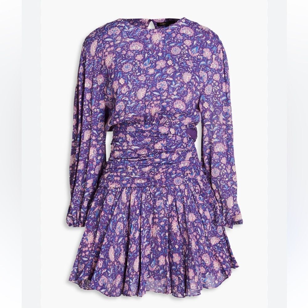 MAJE Roleta Ruched Floral Mini Dress Purple Floral Dahlia print NWT $445 40 L